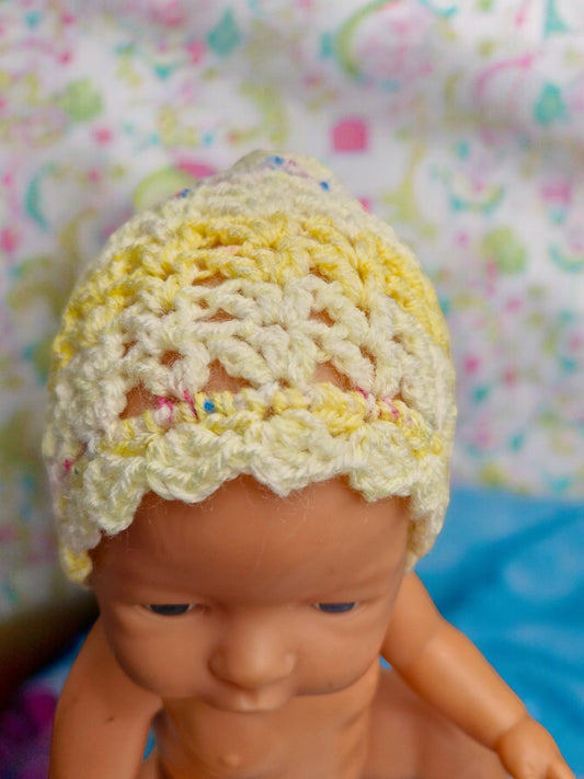 New Baby's Handmade Crochet Lace Hat - Yellow with Multicolour stripe