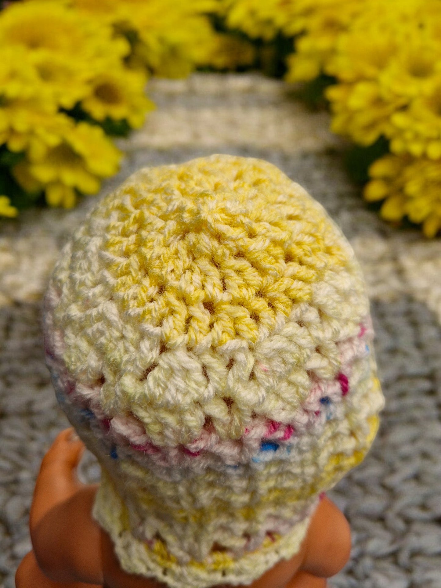 New Baby's Handmade Crochet Lace Hat - Yellow with Multicolour stripe