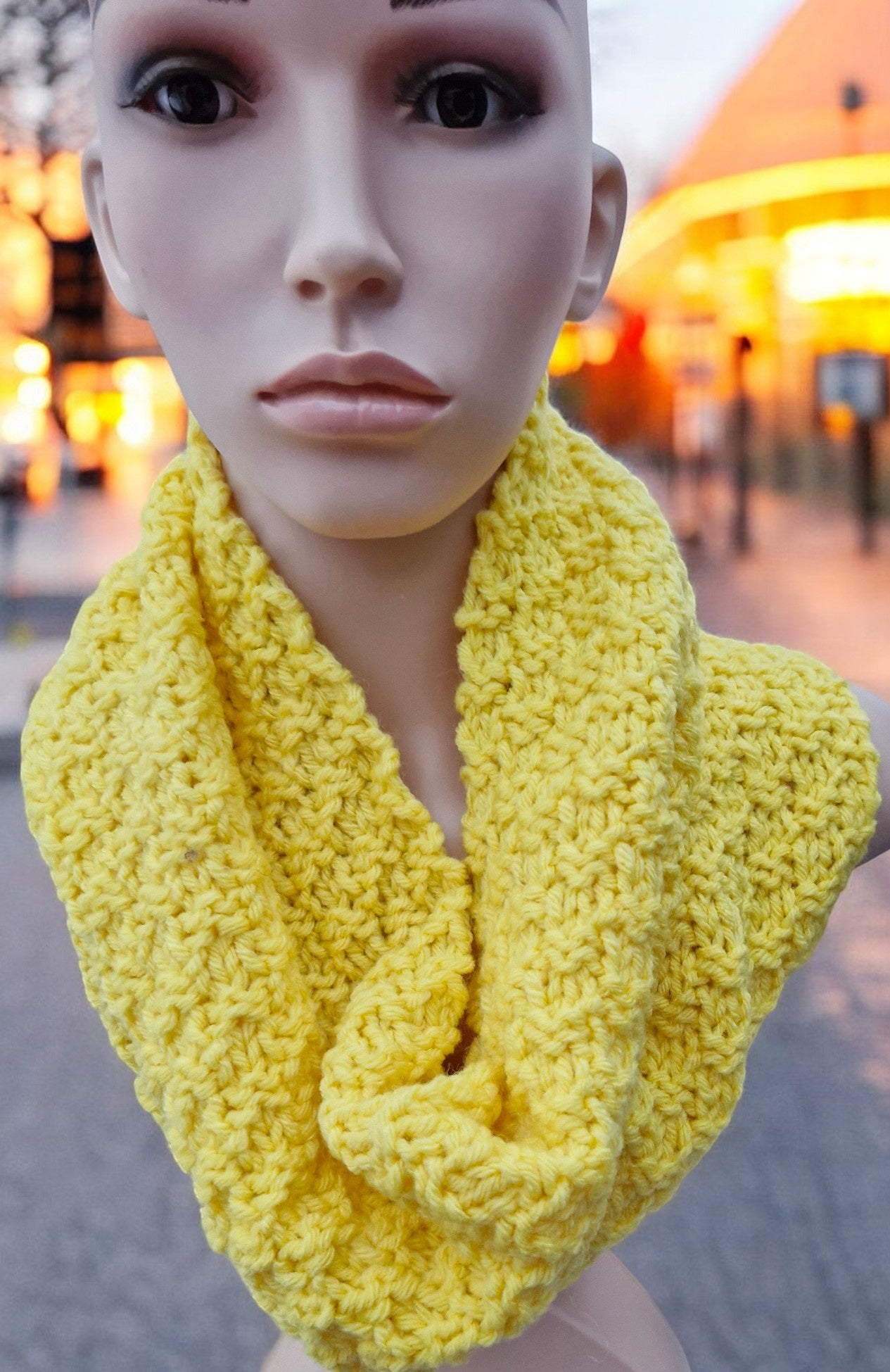 Women's Handmade Knitted DK Yellow Cowl in Moss Stitch