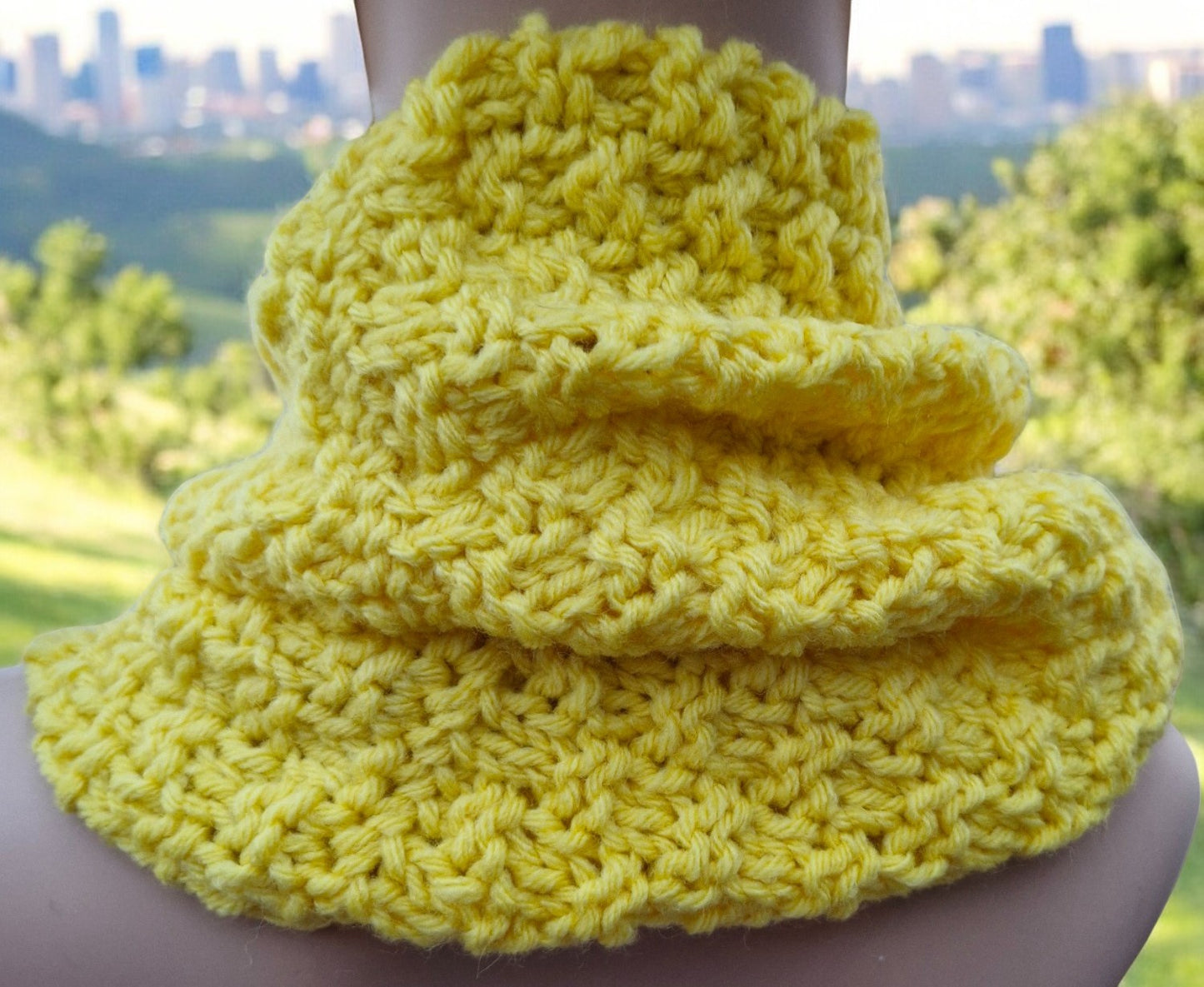 Women's Handmade Knitted DK Yellow Cowl in Moss Stitch