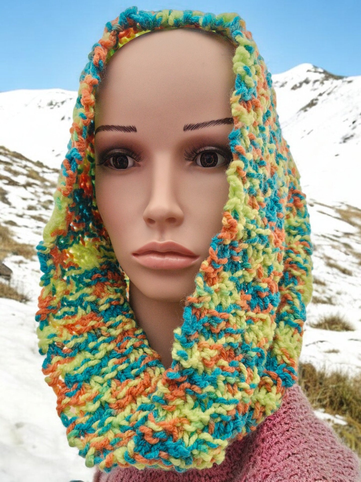 Women's Handmade Knitted DK Yellow Orange and Teal Cowl in Moss Stitch