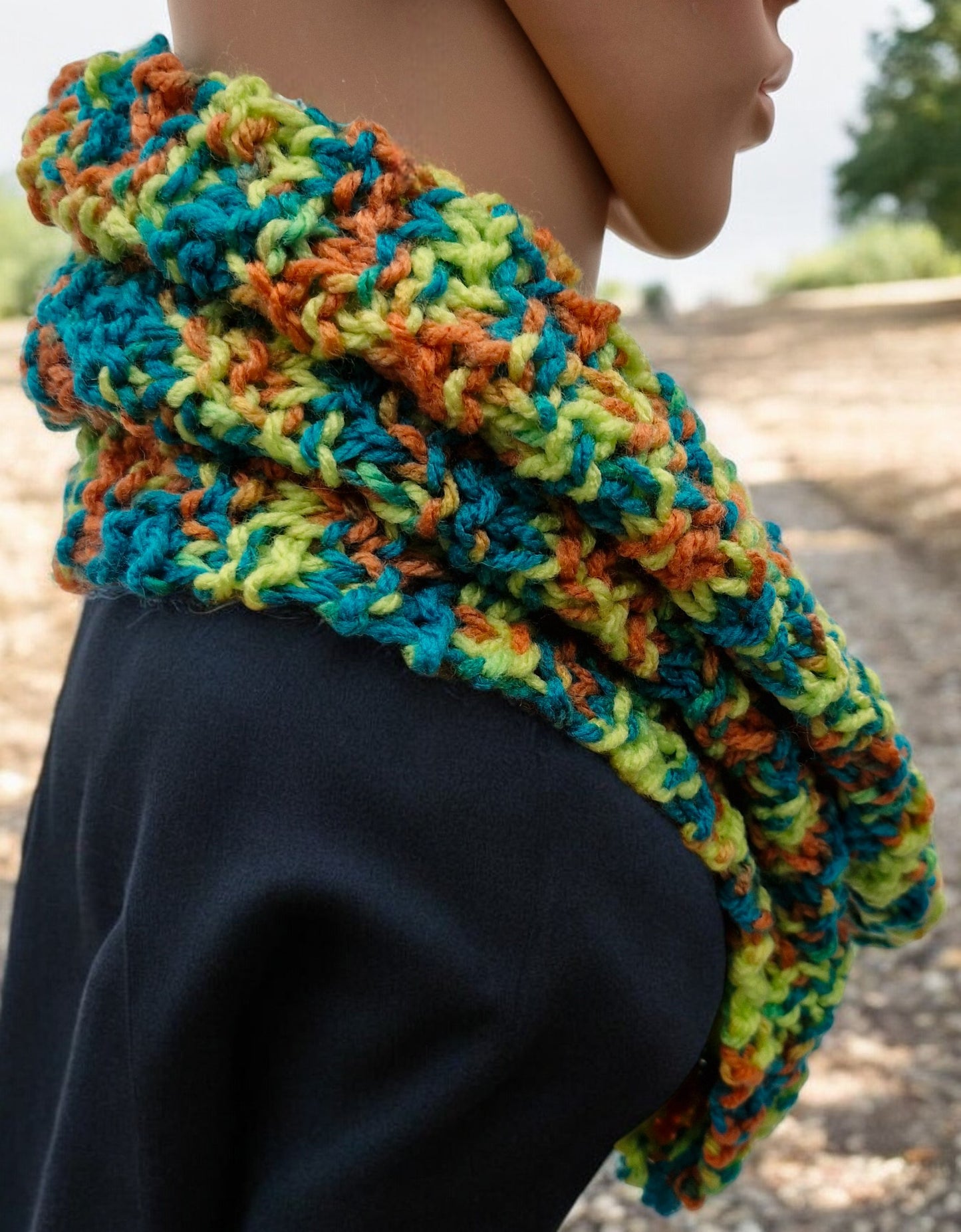 Women's Handmade Knitted DK Yellow Orange and Teal Cowl in Moss Stitch