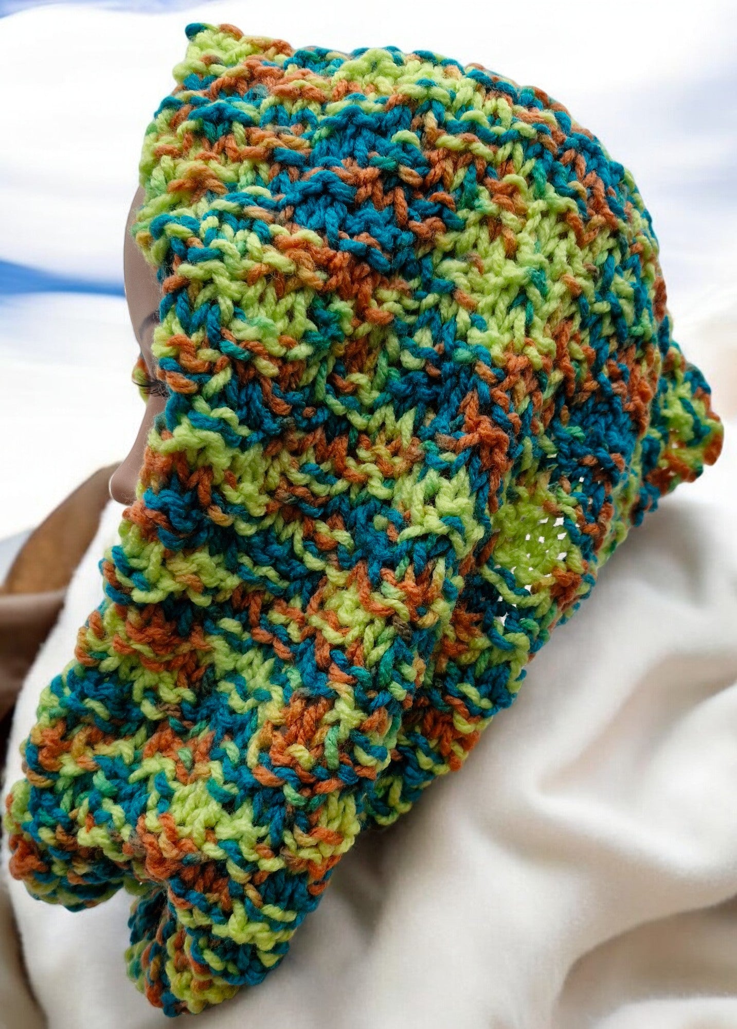 Women's Handmade Knitted DK Yellow Orange and Teal Cowl in Moss Stitch