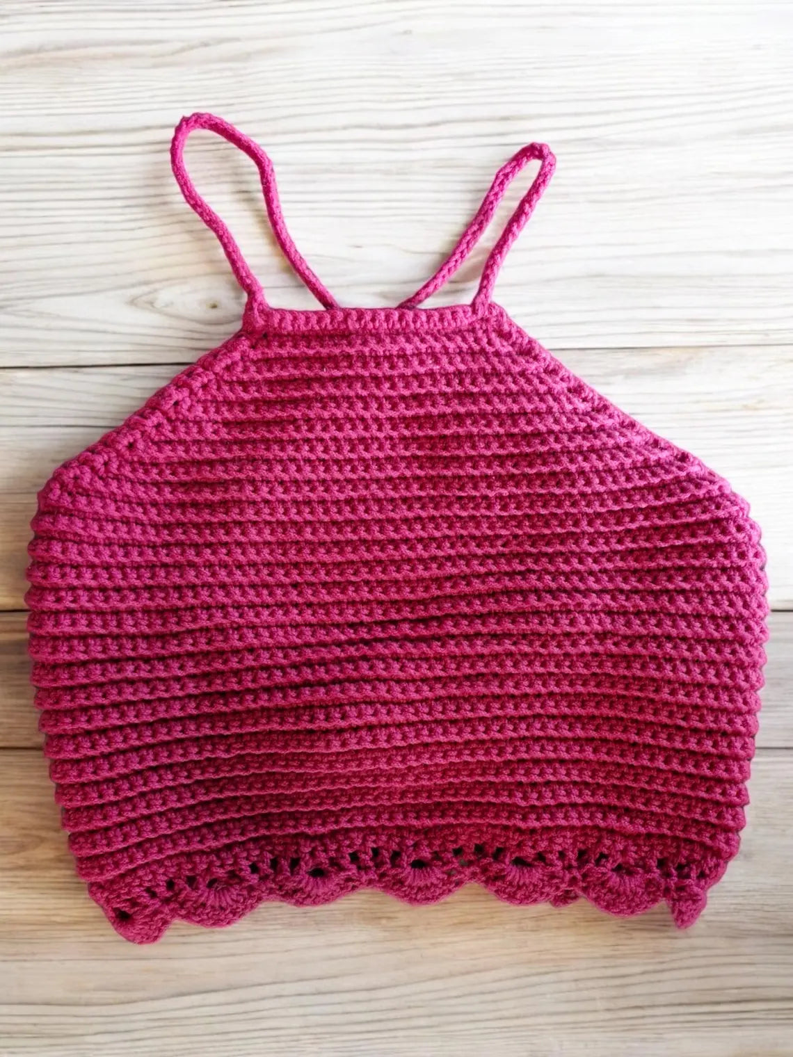 Women's Handmade Crochet Cropped Cross Back Top in Cerise Pink with Lace Edging